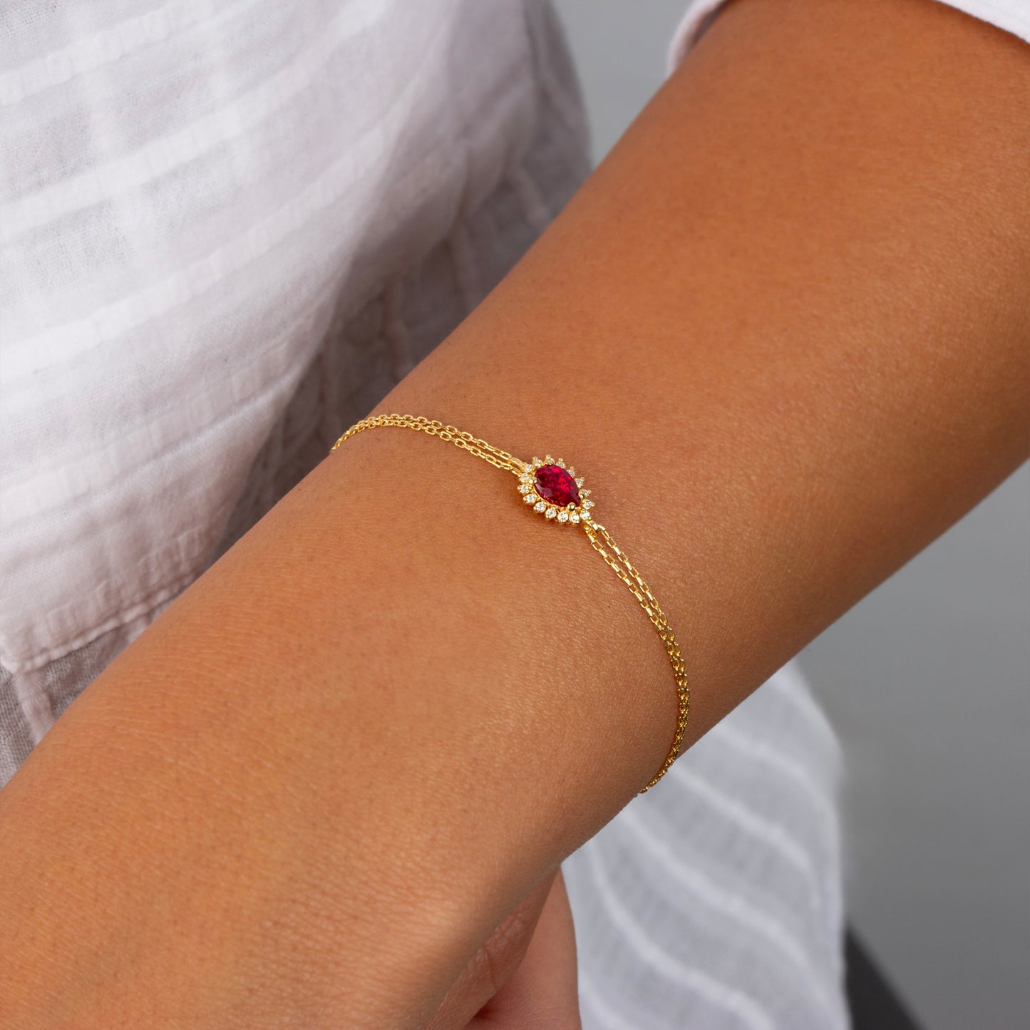 Teardrop Ruby Bezel Bracelet in 8K/10K/14K Solid Gold Surrounded with Real Diamonds, July Birthstone Jewelry