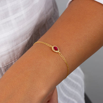 Teardrop Ruby Bezel Bracelet in 8K/10K/14K Solid Gold Surrounded with Real Diamonds, July Birthstone Jewelry