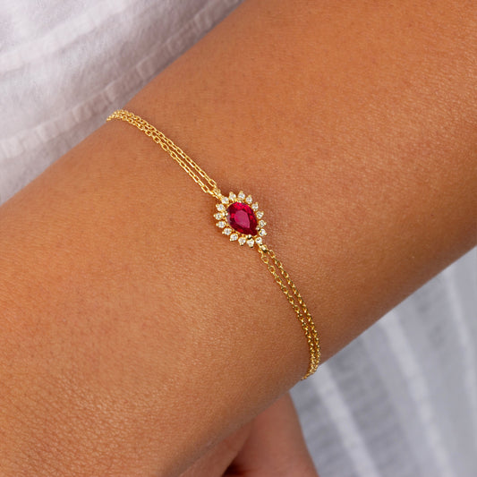 Teardrop Ruby Bezel Bracelet in 8K/10K/14K Solid Gold Surrounded with Real Diamonds, July Birthstone Jewelry