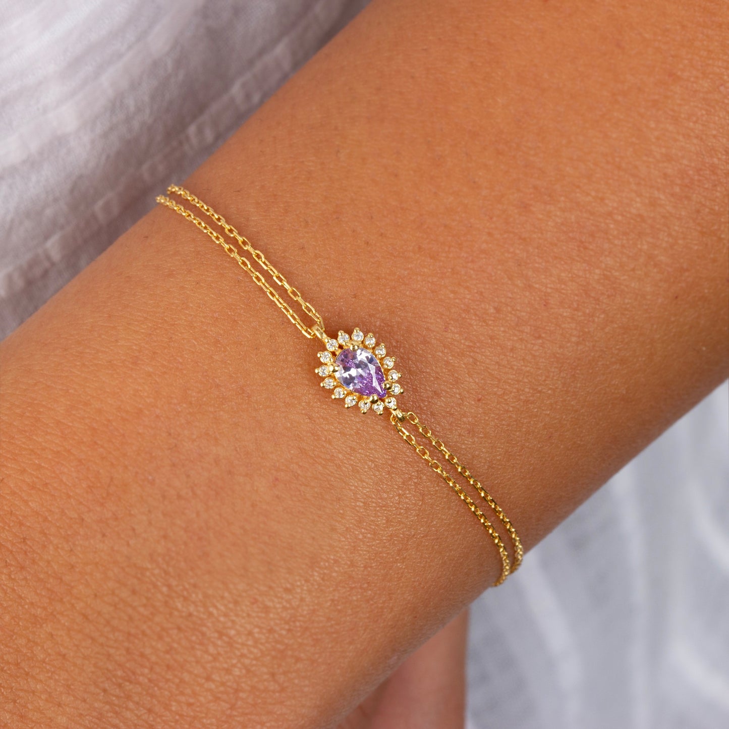 Teardrop Alexandrite Bezel Bracelet in 8K/10K/14K Solid Gold Surrounded with Real Diamonds, June Birthstone Jewelry