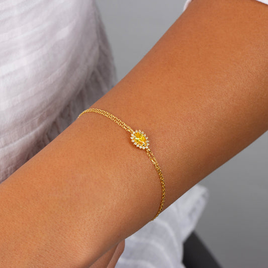 Teardrop Yellow Topaz Bezel Bracelet in 14K Solid Gold Surrounded with Real Diamonds, November Birthstone Jewelry