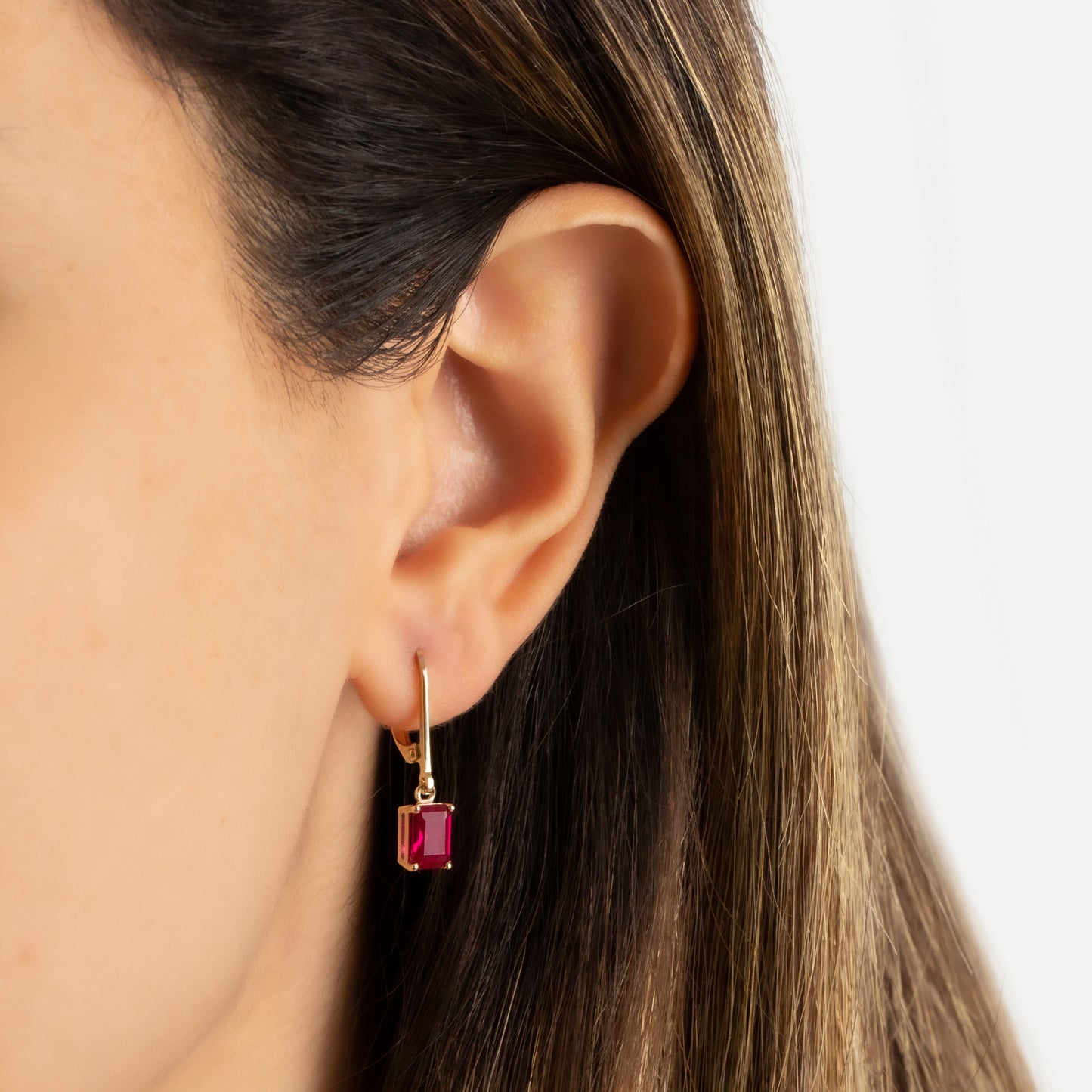 Dangle Rectangle Ruby Earring 8K/10K/14K Solid Gold, July Birthstone