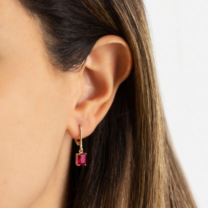 Dangle Rectangle Ruby Earring 8K/10K/14K Solid Gold, July Birthstone