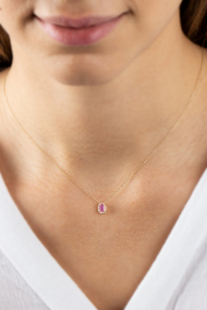 Oval Cut Pink Tourmaline Necklace with Real Diamonds in 8K/10K/14K Solid Gold, October Birthstone Pendant