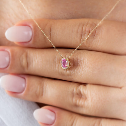 Oval Cut Pink Tourmaline Necklace with Real Diamonds in 8K/10K/14K Solid Gold, October Birthstone Pendant