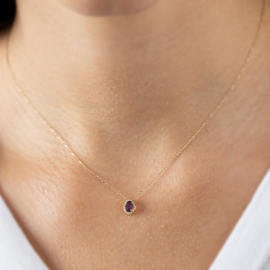 Oval Cut Amethyst Necklace with Real Diamonds in 8K/10K/14K Solid Gold, February Birthstone Pendant