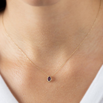 Oval Cut Amethyst Necklace with Real Diamonds in 8K/10K/14K Solid Gold, February Birthstone Pendant