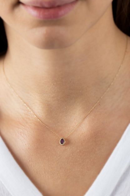 Oval Cut Amethyst Necklace with Real Diamonds in 8K/10K/14K Solid Gold, February Birthstone Pendant