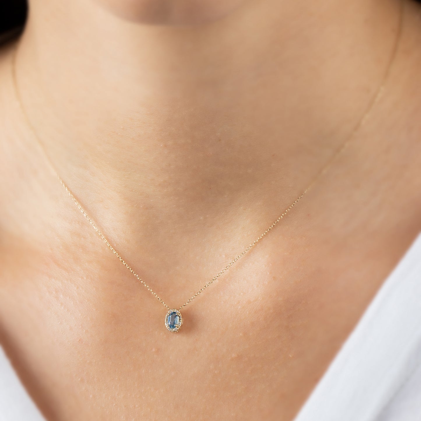 Oval Cut Blue Topaz Necklace with Real Diamonds in 8K/10K/14K Solid Gold, December Birthstone Pendant