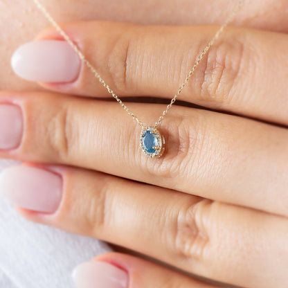 Oval Cut Blue Topaz Necklace with Real Diamonds in 8K/10K/14K Solid Gold, December Birthstone Pendant
