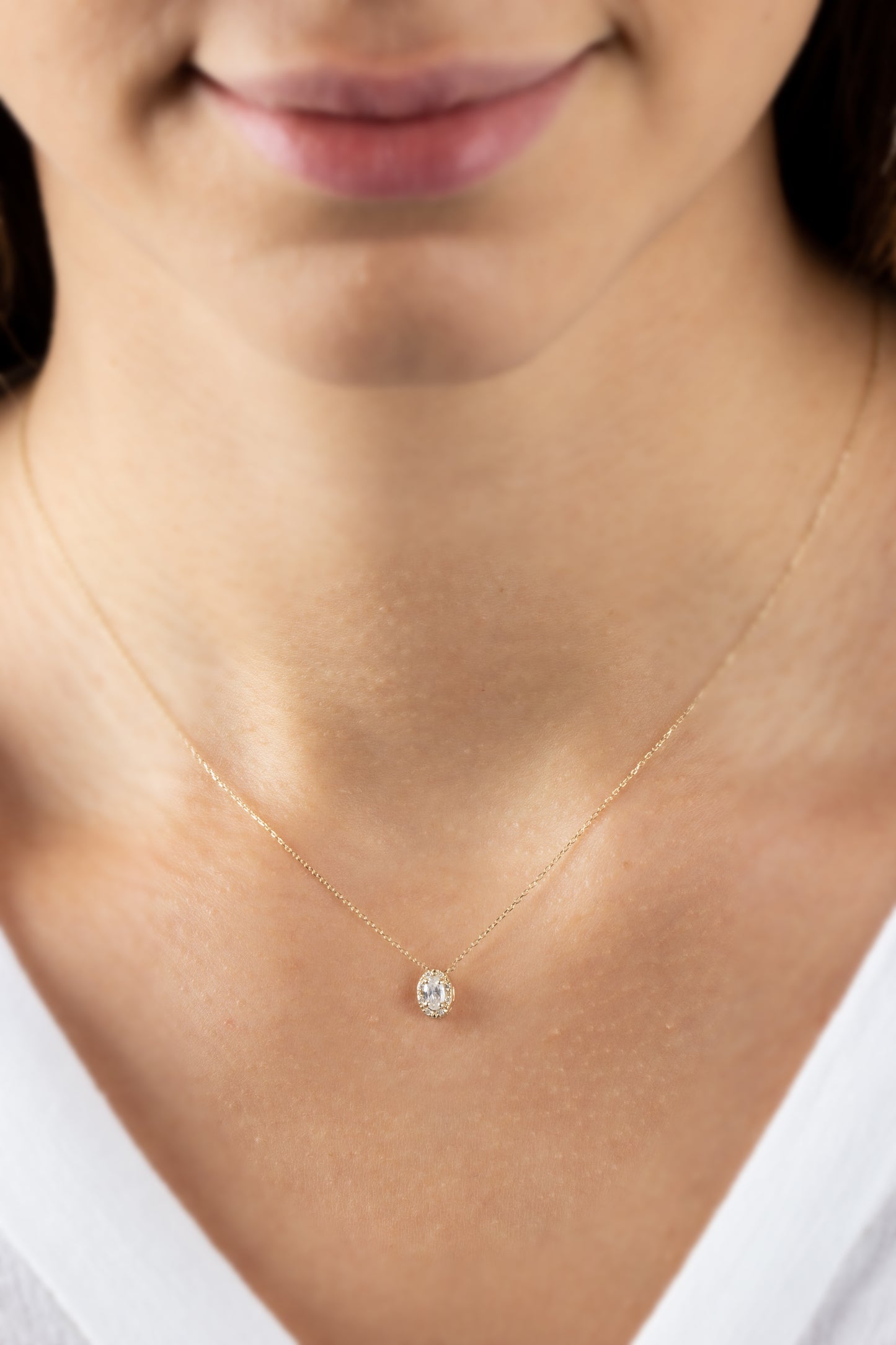 Oval Cut White Topaz Necklace with Real Diamonds in 8K/10K/14K Solid Gold, April Birthstone Pendant