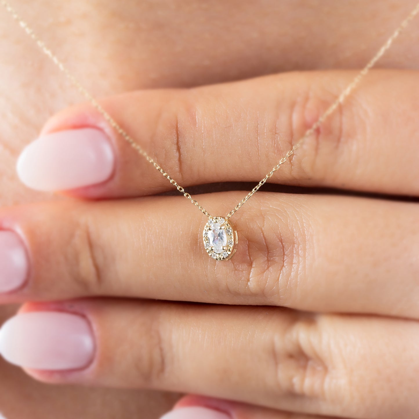 Oval Cut White Topaz Necklace with Real Diamonds in 8K/10K/14K Solid Gold, April Birthstone Pendant