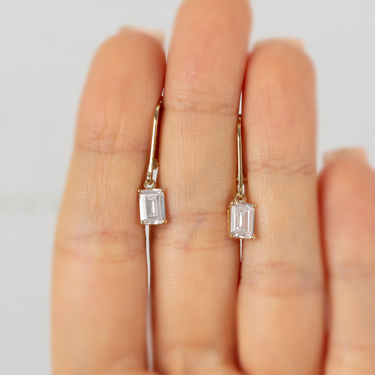 Dangle Rectangle White Topaz Earring 8K/10K/14K Solid Gold, April Birthstone