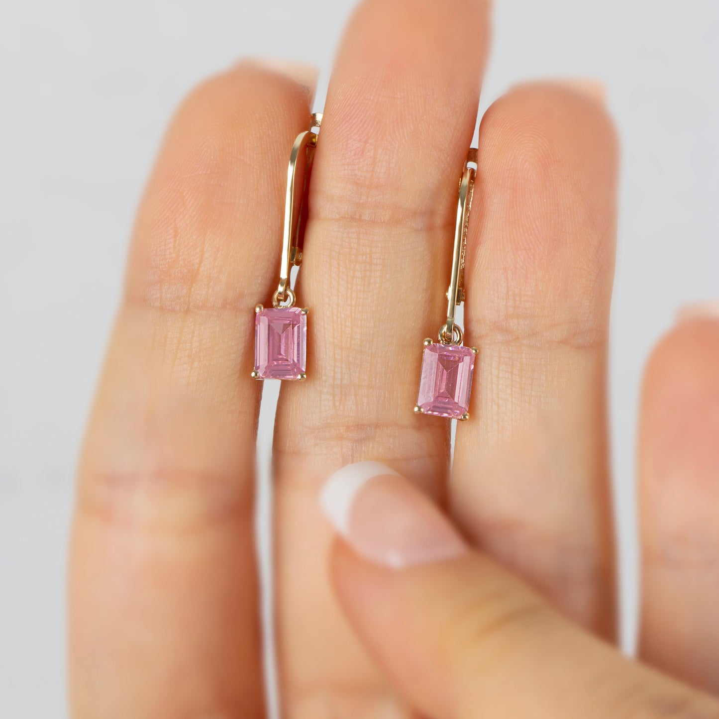 Dangle Rectangle Pink Tourmaline Earring 8K/10K/14K Solid Gold, October Birthstone