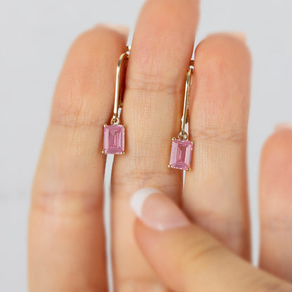 Dangle Rectangle Pink Tourmaline Earring 8K/10K/14K Solid Gold, October Birthstone