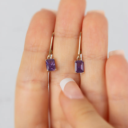 Dangle Rectangle Amethyst Earring 8K/10K/14K Solid Gold, February Birthstone
