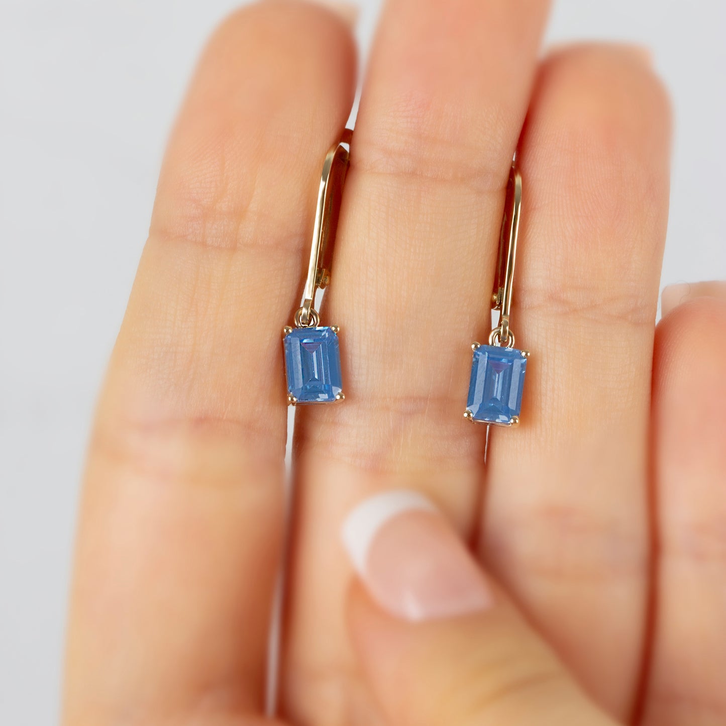 Dangle Rectangle Blue Topaz Earring 8K/10K/14K Solid Gold, December Birthstone