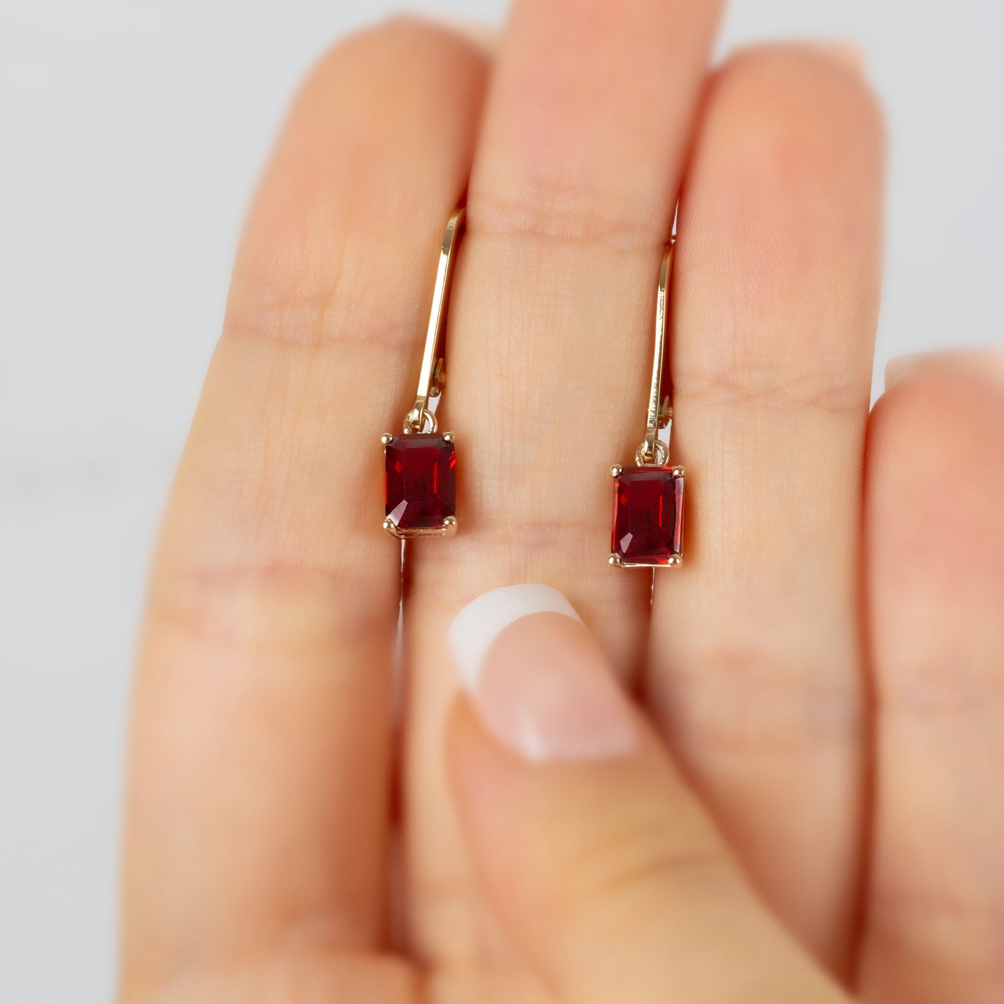 Dangle Rectangle Garnet Earring 8K/10K/14K Solid Gold, January Birthstone