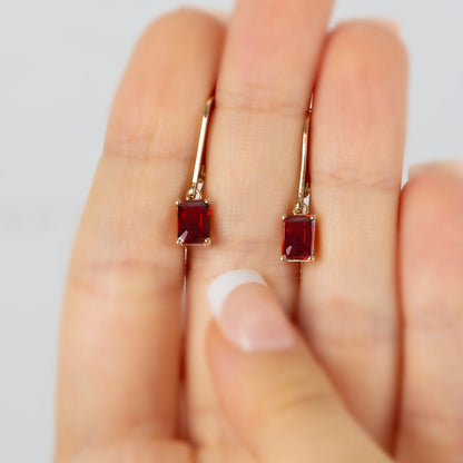 Dangle Rectangle Garnet Earring 8K/10K/14K Solid Gold, January Birthstone