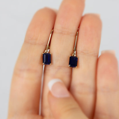 Dangle Rectangle Sapphire Earring 8K/10K/14K Solid Gold, September Birthstone