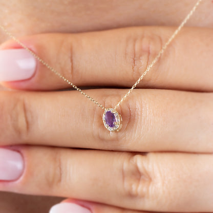 Oval Cut Alexandrite Necklace with Real Diamonds in 8K/10K/14K Solid Gold, June Birthstone Pendant