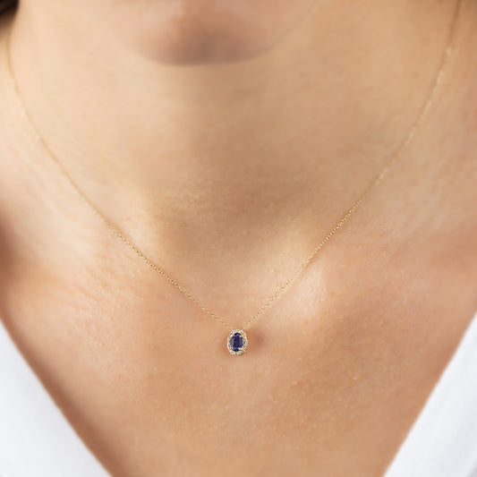 Oval Cut Sapphire Necklace with Real Diamonds in 8K/10K/14K Solid Gold, September Birthstone Pendant