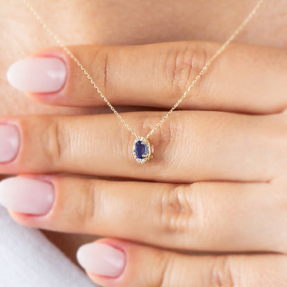 Oval Cut Sapphire Necklace with Real Diamonds in 8K/10K/14K Solid Gold, September Birthstone Pendant