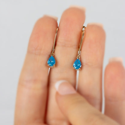 Dangle Drop Blue Topaz Earring 8K/10K/14K Solid Gold, December Birthstone