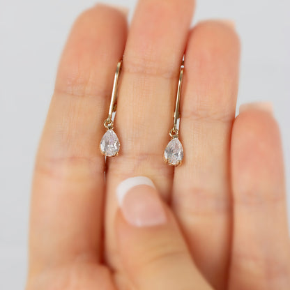 Dangle Drop White Topaz Earring 8K/10K/14K Solid Gold, April Birthstone