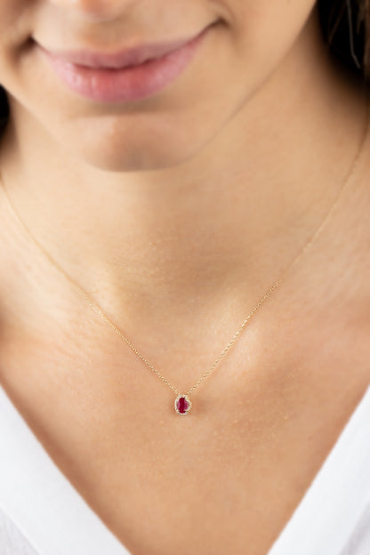 Oval Cut Ruby Necklace with Real Diamonds in 8K/10K/14K Solid Gold, July Birthstone Pendant