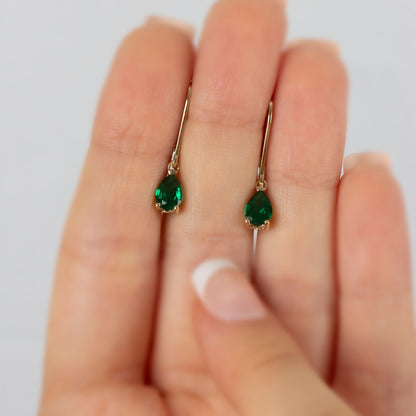 Dangle Drop Emerald Earring 8K/10K/14K Solid Gold, May Birthstone