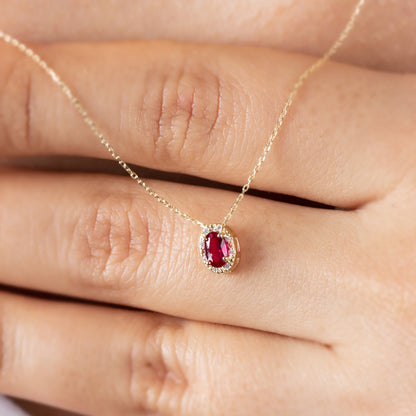 Oval Cut Ruby Necklace with Real Diamonds in 8K/10K/14K Solid Gold, July Birthstone Pendant