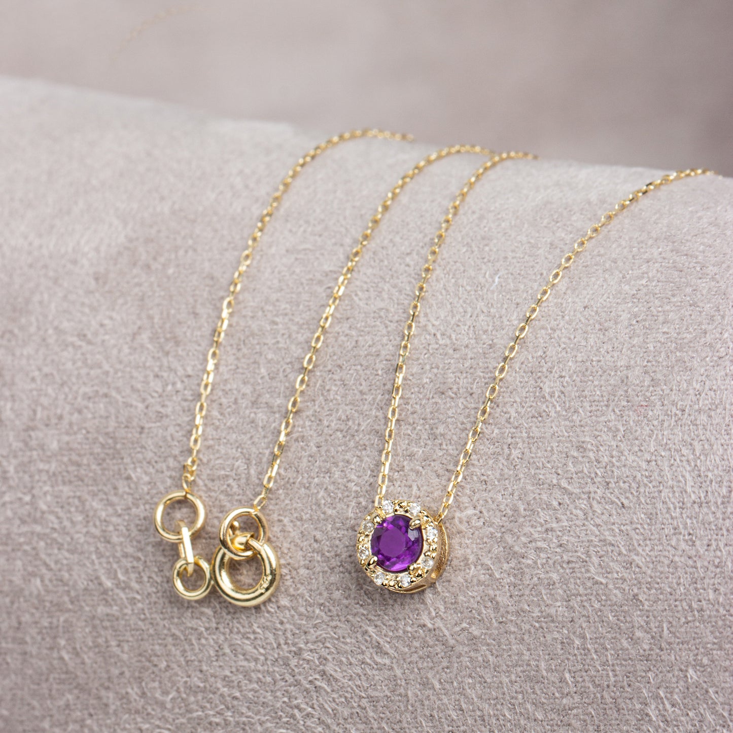Round Amethyst Necklace Surrounded by Real Diamonds, 8K/10K/14K Solid Gold, February Birthstone