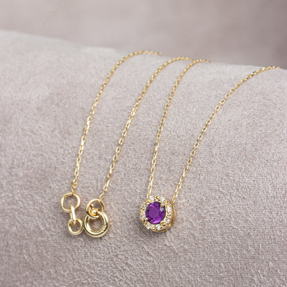 Round Amethyst Necklace Surrounded by Real Diamonds, 8K/10K/14K Solid Gold, February Birthstone