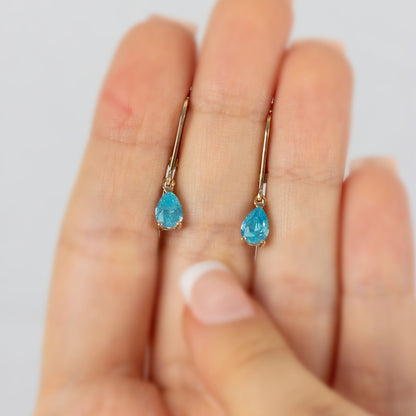 Dangle Drop Aquamarine Earring 8K/10K/14K Solid Gold, March Birthstone