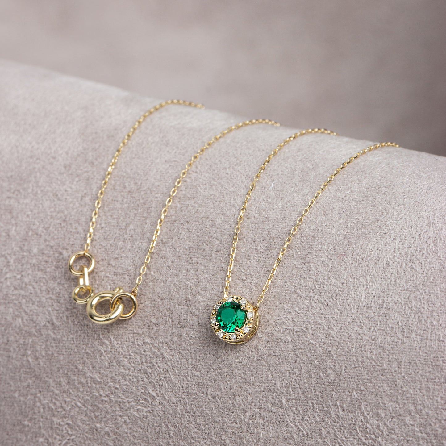 Round Emerald Necklace Surrounded by Real Diamonds, 8K/10K/14K Solid Gold, May Birthstone