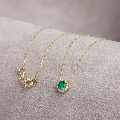 Round Emerald Necklace Surrounded by Real Diamonds, 8K/10K/14K Solid Gold, May Birthstone