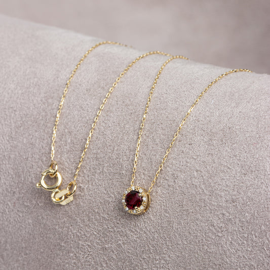 Round Garnet Necklace Surrounded by Real Diamonds, 8K/10K/14K Solid Gold, January Birthstone