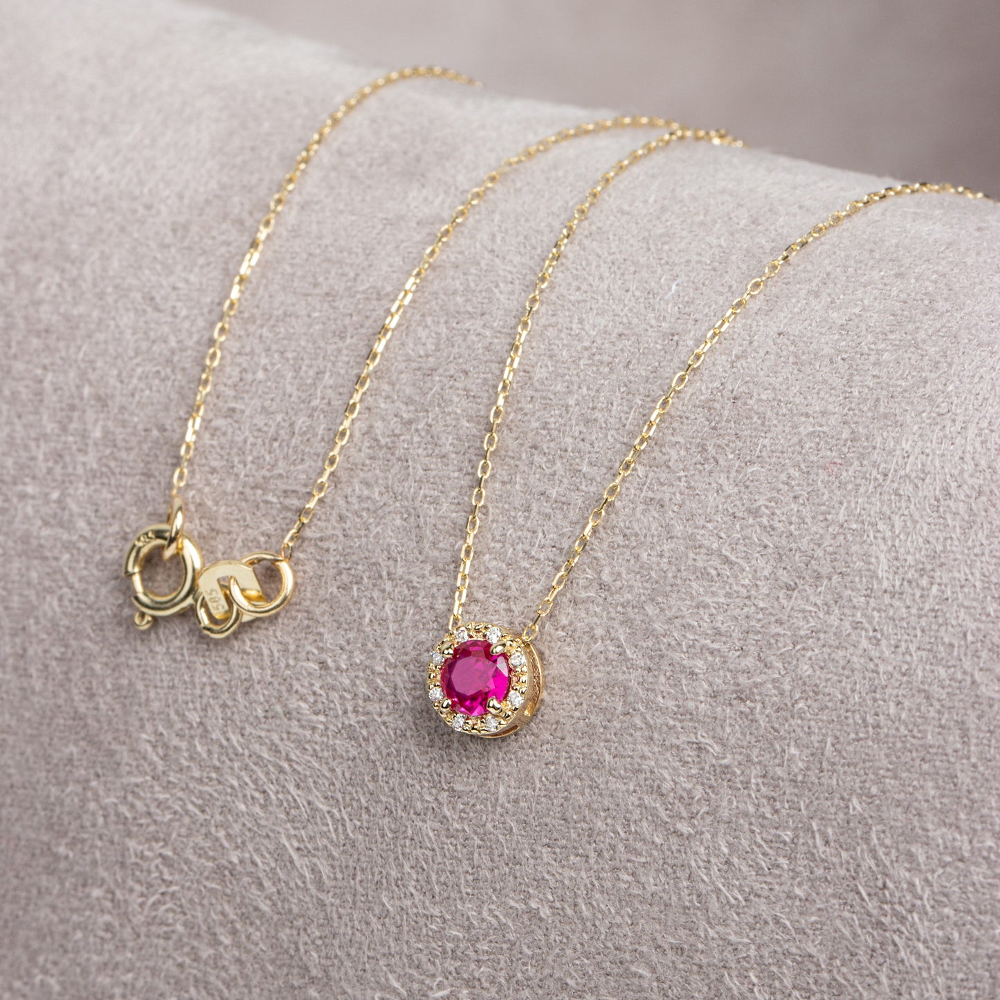 Round Ruby Necklace Surrounded by Real Diamonds, 8K/10K/14K Solid Gold, July Birthstone