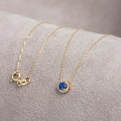 Round Sapphire Necklace Surrounded by Real Diamonds, 8K/10K/14K Solid Gold, September Birthstone