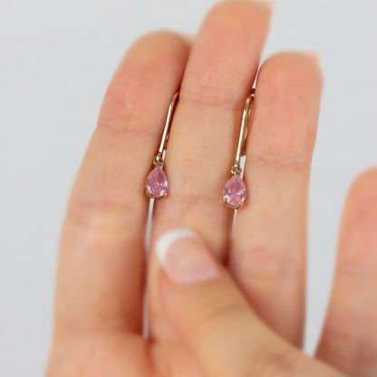 Dangle Drop Pink Tourmaline Earring 8K/10K/14K Solid Gold, October Birthstone