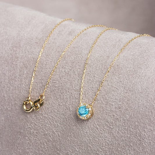 Round Aquamarine Necklace Surrounded by Real Diamonds, 8K/10K/14K Solid Gold, March Birthstone