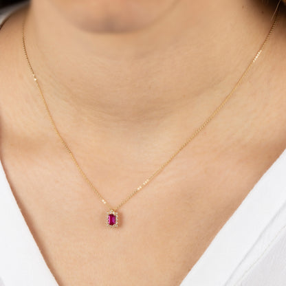 Rectangle Ruby Necklace with Real Diamond 14K Solid Gold, July Birthstone
