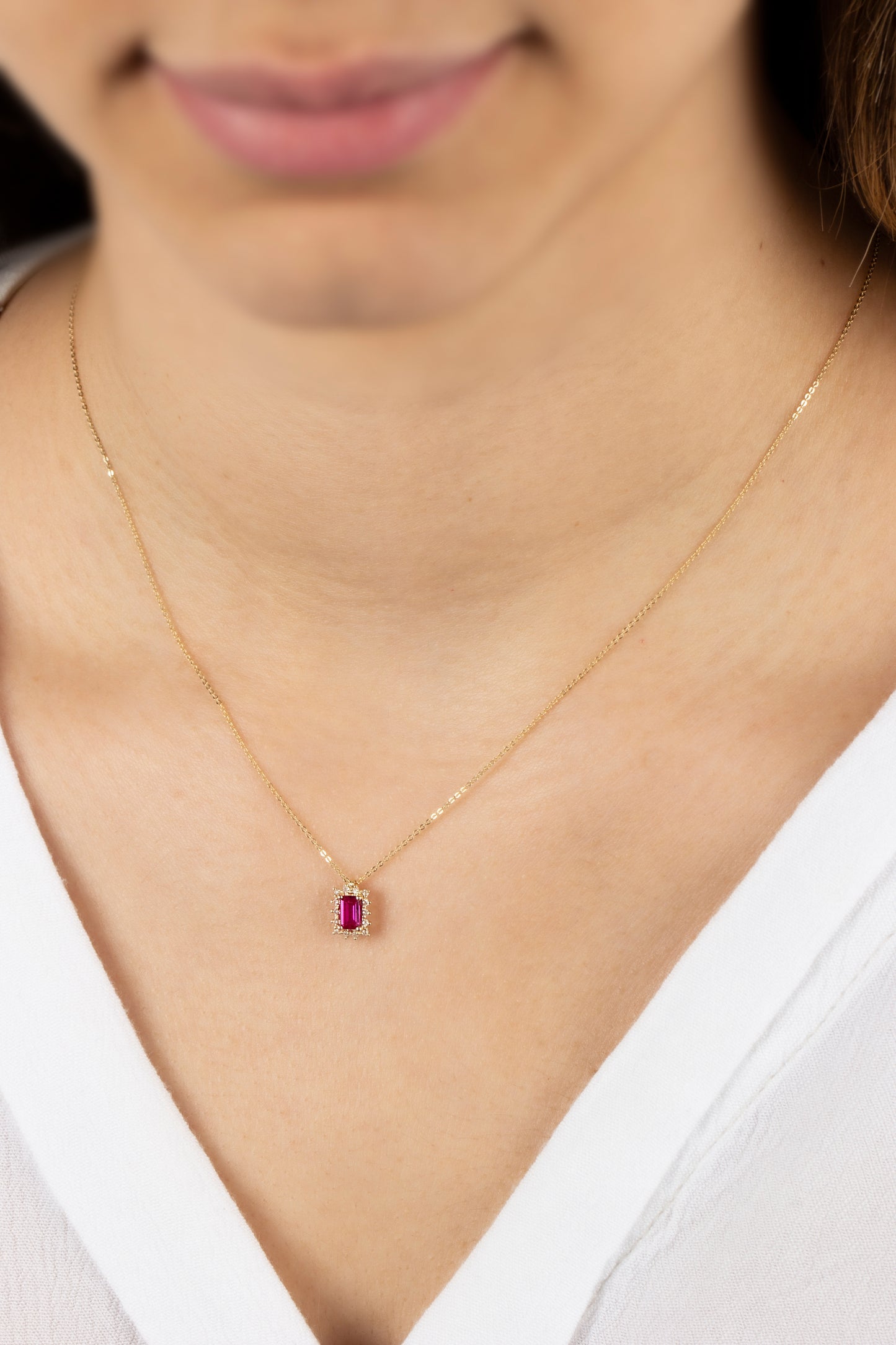 Rectangle Ruby Necklace with Real Diamond 14K Solid Gold, July Birthstone