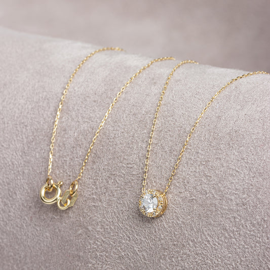 Round White Topaz Necklace Surrounded by Real Diamonds, 8K/10K/14K Solid Gold