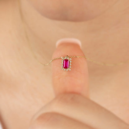 Rectangle Ruby Necklace with Real Diamond 14K Solid Gold, July Birthstone