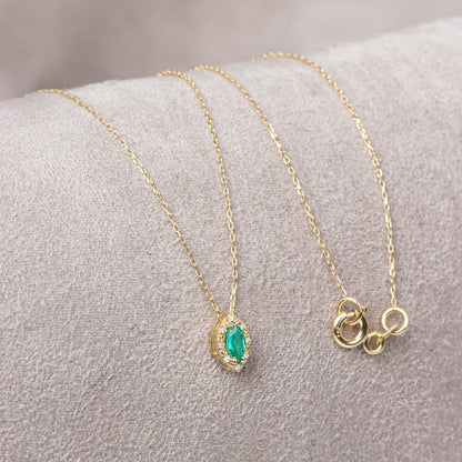 Emerald Marquise Cut Necklace in 8K/10K/14K Solid Gold with Real Diamonds, May Birthstone