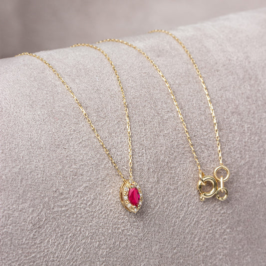 Ruby Marquise Cut Necklace in 8K/10K/14K Solid Gold with Real Diamonds, July Birthstone