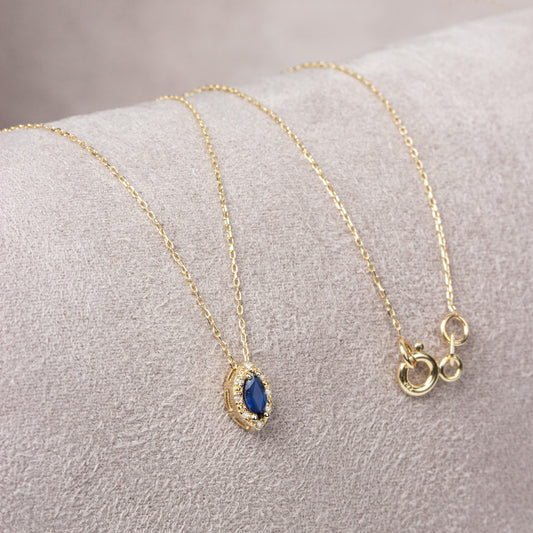 Sapphire Marquise Cut Necklace in 8K/10K/14K Solid Gold with Real Diamonds, September Birthstone