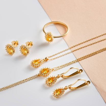 Teardrop Yellow Topaz Bezel Necklace in 8K/10K/14K Solid Gold Surrounded with Real Diamonds, Birthstone Jewelry